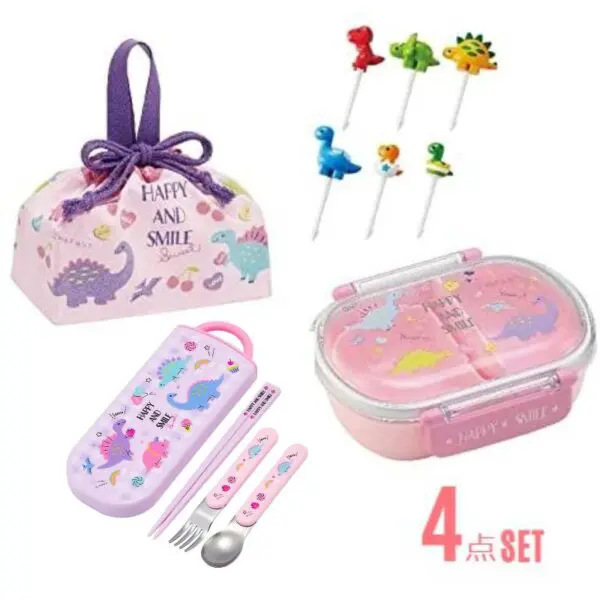 【かわいい恐竜シールつき】女の子用 恐竜 ふわっと盛れる 弁当箱 360ml 4種セット (弁当箱・巾着袋・箸 フォーク スプーン・ピック） スケーター (Skater) ハッピー&スマイル ディノサウルス 子供用 日本製 ダイナソー 遠足 お弁当 子供 グッズ 送料無料