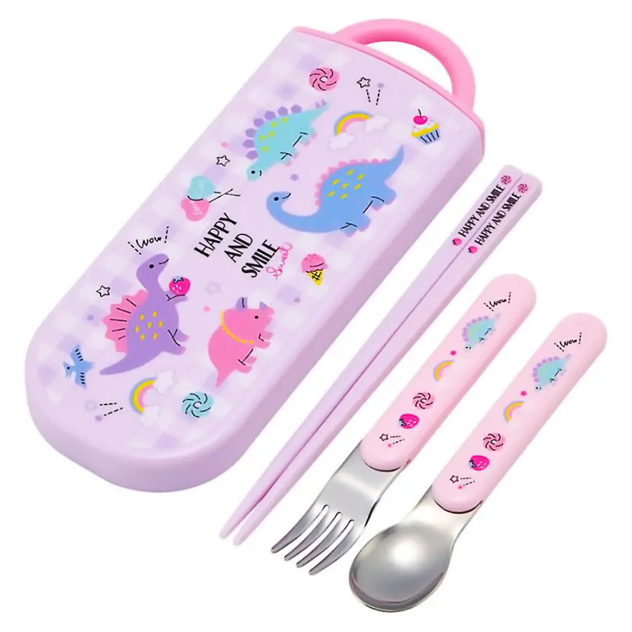 【かわいい恐竜シールつき】女の子用 恐竜 ふわっと盛れる 弁当箱 360ml 4種セット (弁当箱・巾着袋・箸 フォーク スプーン・ピック） スケーター (Skater) ハッピー&スマイル ディノサウルス 子供用 日本製 ダイナソー 遠足 お弁当 子供 グッズ 送料無料