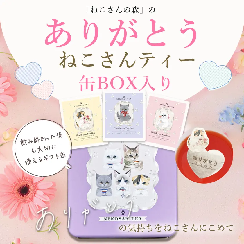 【当店限定 ねこ缶】猫 紅茶 ティーバッグ ありがとうねこさんティー (NEKOSAN-TEA) ペルシャ (さくらんぼ) & ブリティッシュショートヘア (ブルーベリー) & スコティッシュフォールド (アルフォンソマンゴー) (3種×2セット)